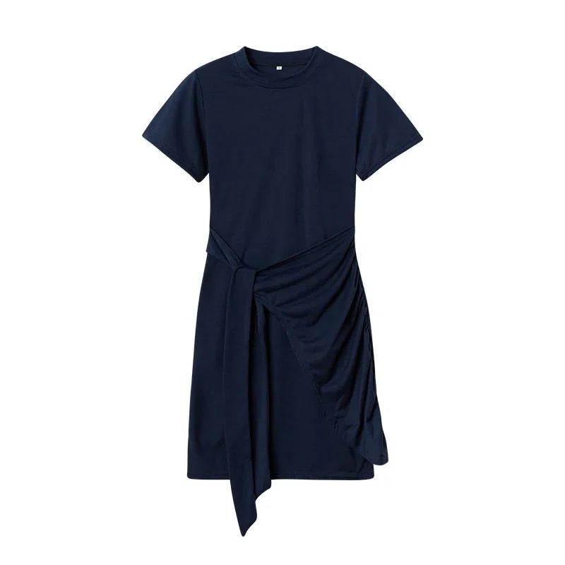 Irregular Ruffle Dress with Bow Belt, Short-Sleeved, Round Neck, Summer, New, 2024