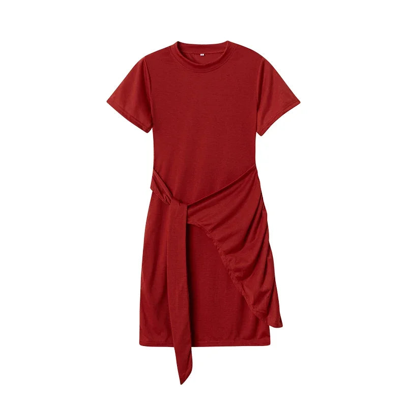 Irregular Ruffle Dress with Bow Belt, Short-Sleeved, Round Neck, Summer, New, 2024