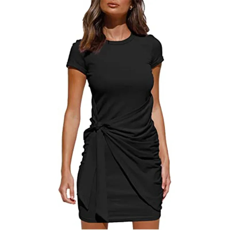 Irregular Ruffle Dress with Bow Belt, Short-Sleeved, Round Neck, Summer, New, 2024