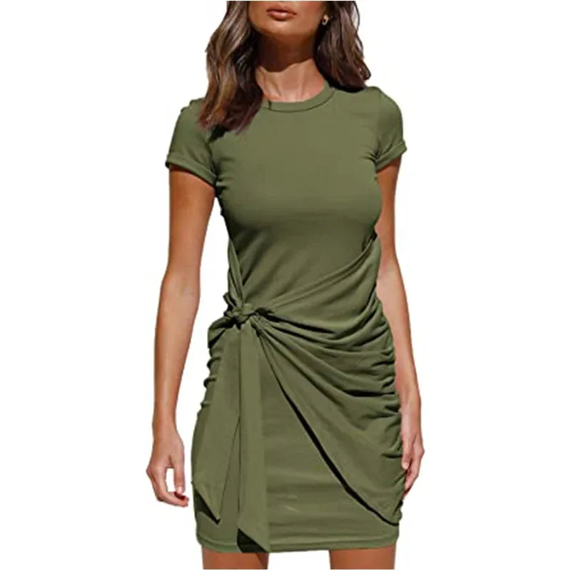 Irregular Ruffle Dress with Bow Belt, Short-Sleeved, Round Neck, Summer, New, 2024