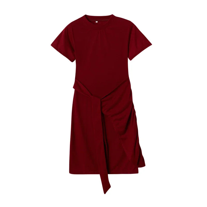 Irregular Ruffle Dress with Bow Belt, Short-Sleeved, Round Neck, Summer, New, 2024