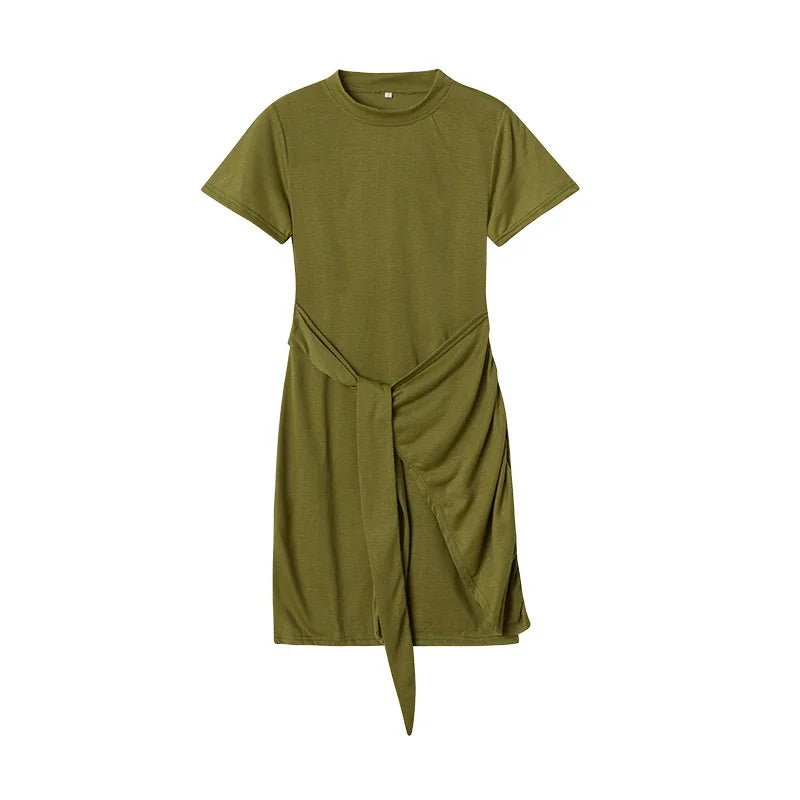 Irregular Ruffle Dress with Bow Belt, Short-Sleeved, Round Neck, Summer, New, 2024
