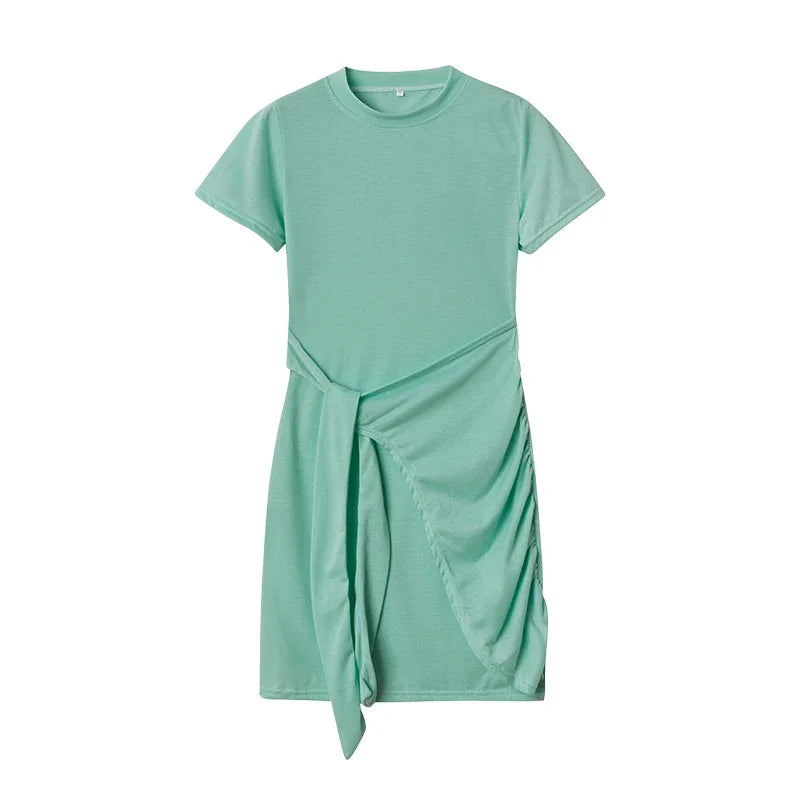 Irregular Ruffle Dress with Bow Belt, Short-Sleeved, Round Neck, Summer, New, 2024
