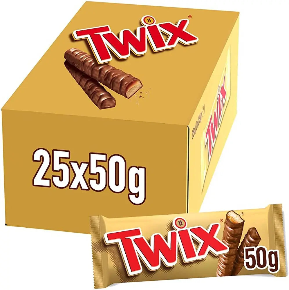 Mars box of Twix Chocolate coated candy and cookie bars | 25 packs of 50 grams. Vegetarian fit