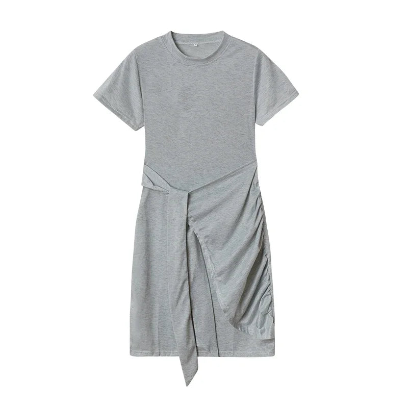 Irregular Ruffle Dress with Bow Belt, Short-Sleeved, Round Neck, Summer, New, 2024