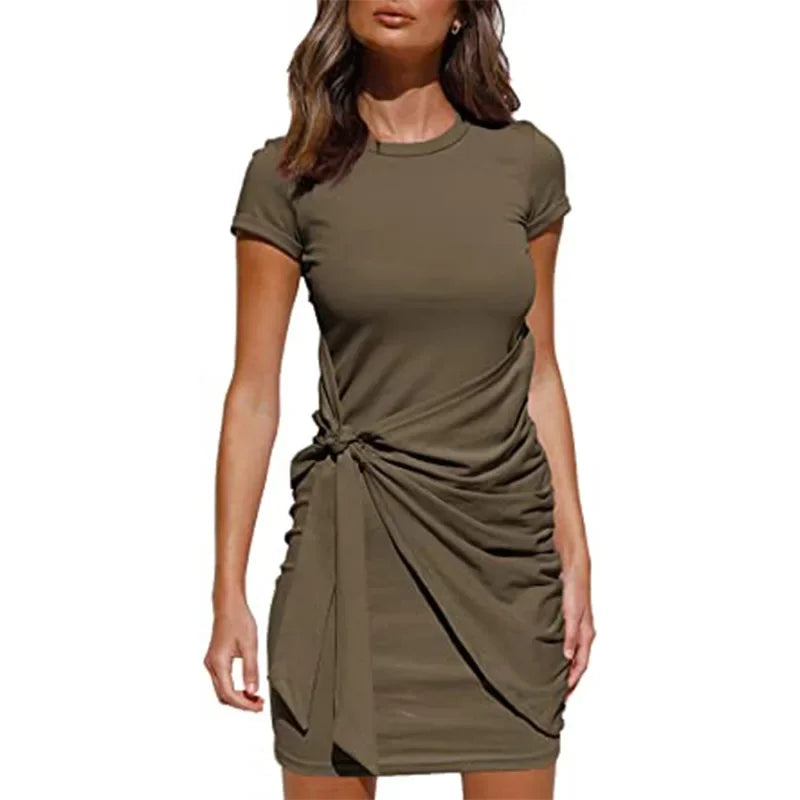 Irregular Ruffle Dress with Bow Belt, Short-Sleeved, Round Neck, Summer, New, 2024
