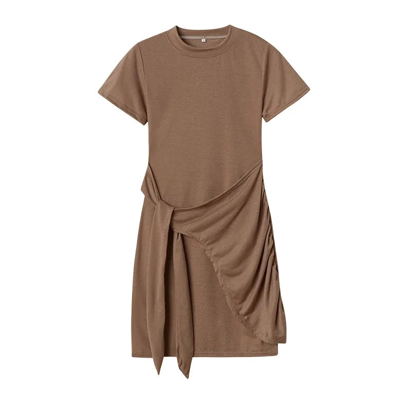 Irregular Ruffle Dress with Bow Belt, Short-Sleeved, Round Neck, Summer, New, 2024