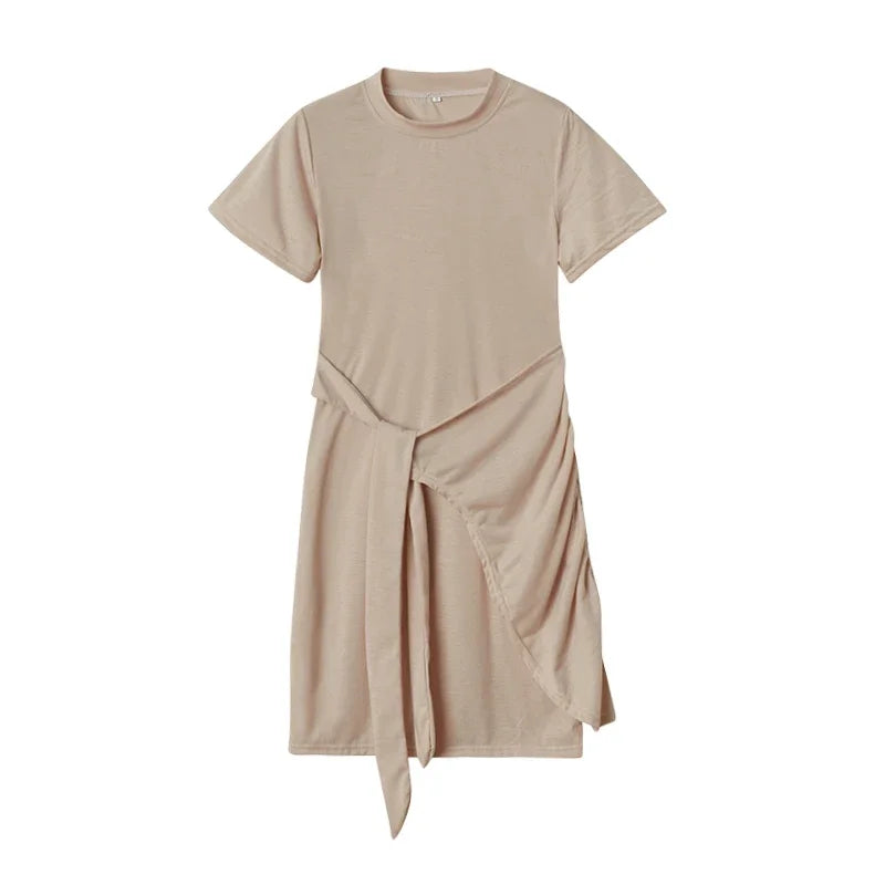 Irregular Ruffle Dress with Bow Belt, Short-Sleeved, Round Neck, Summer, New, 2024
