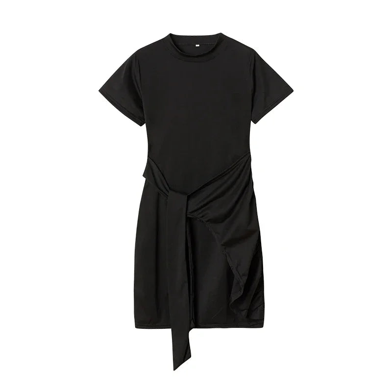 Irregular Ruffle Dress with Bow Belt, Short-Sleeved, Round Neck, Summer, New, 2024