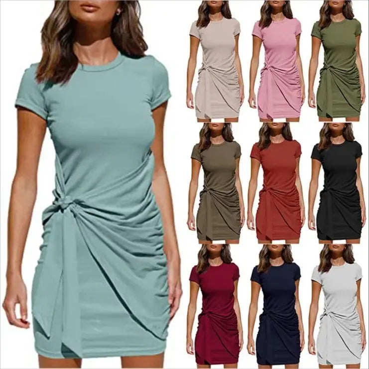 Irregular Ruffle Dress with Bow Belt, Short-Sleeved, Round Neck, Summer, New, 2024