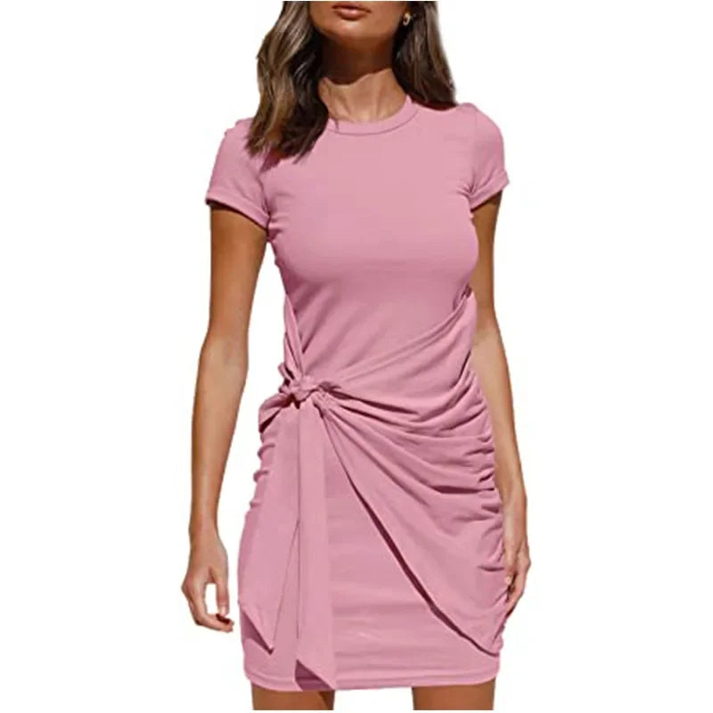 Irregular Ruffle Dress with Bow Belt, Short-Sleeved, Round Neck, Summer, New, 2024