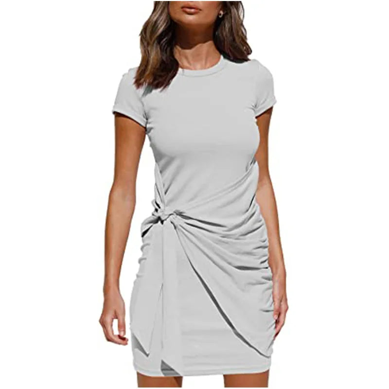 Irregular Ruffle Dress with Bow Belt, Short-Sleeved, Round Neck, Summer, New, 2024