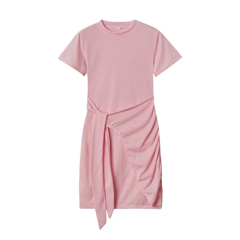 Irregular Ruffle Dress with Bow Belt, Short-Sleeved, Round Neck, Summer, New, 2024