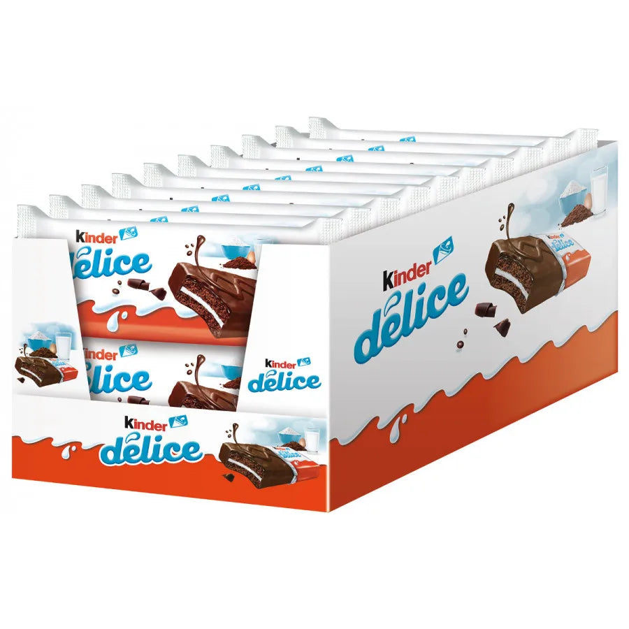 Kinder Delice cake of cocoa-case of 20 units of 39g. Delicious and tender sponge cake made from milk, flour and eggs and covered with a thin layer of milk chocolate.