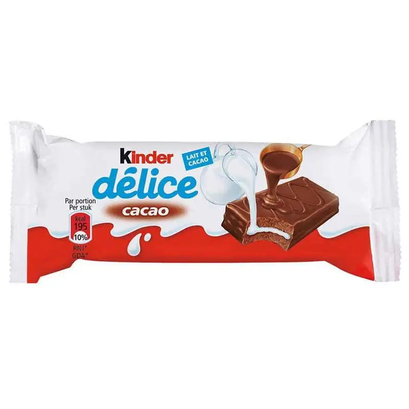 Kinder Delice cake of cocoa-case of 20 units of 39g. Delicious and tender sponge cake made from milk, flour and eggs and covered with a thin layer of milk chocolate.